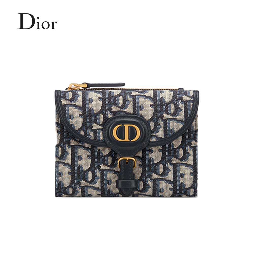 [디올] DIOR BOBBY 미니 반지갑 블루 Dior Oblique 자카드